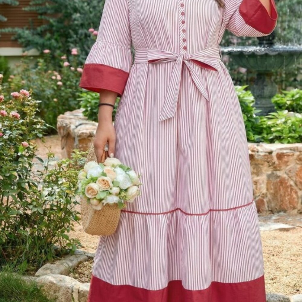 Plus Size Pinstripe Ruffle Hem Midi Dress